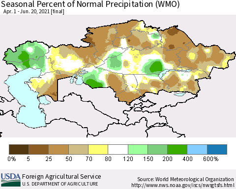 Kazakhstan Seasonal Percent of Normal Precipitation (WMO) Thematic Map For 4/1/2021 - 6/20/2021