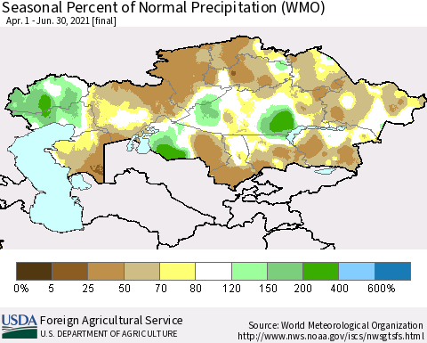 Kazakhstan Seasonal Percent of Normal Precipitation (WMO) Thematic Map For 4/1/2021 - 6/30/2021