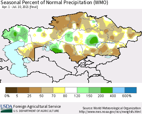 Kazakhstan Seasonal Percent of Normal Precipitation (WMO) Thematic Map For 4/1/2021 - 7/10/2021