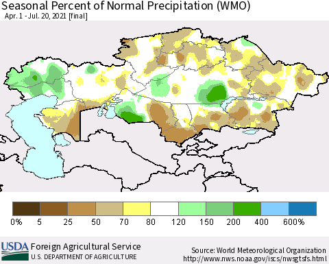 Kazakhstan Seasonal Percent of Normal Precipitation (WMO) Thematic Map For 4/1/2021 - 7/20/2021