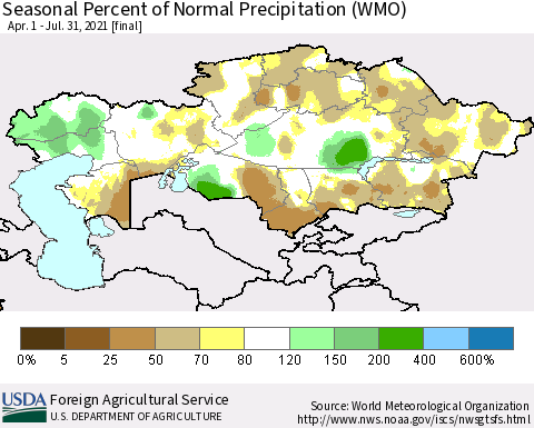 Kazakhstan Seasonal Percent of Normal Precipitation (WMO) Thematic Map For 4/1/2021 - 7/31/2021