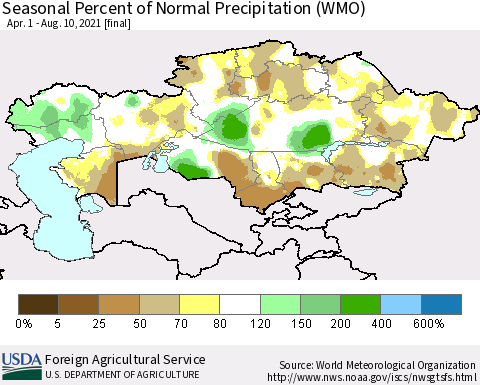 Kazakhstan Seasonal Percent of Normal Precipitation (WMO) Thematic Map For 4/1/2021 - 8/10/2021