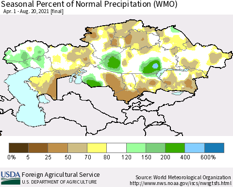 Kazakhstan Seasonal Percent of Normal Precipitation (WMO) Thematic Map For 4/1/2021 - 8/20/2021