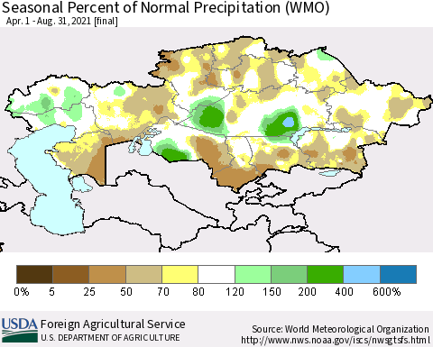 Kazakhstan Seasonal Percent of Normal Precipitation (WMO) Thematic Map For 4/1/2021 - 8/31/2021