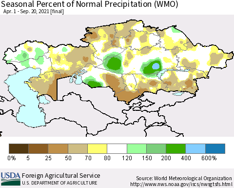 Kazakhstan Seasonal Percent of Normal Precipitation (WMO) Thematic Map For 4/1/2021 - 9/20/2021