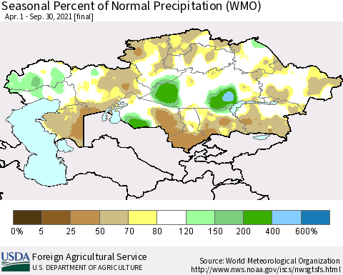 Kazakhstan Seasonal Percent of Normal Precipitation (WMO) Thematic Map For 4/1/2021 - 9/30/2021