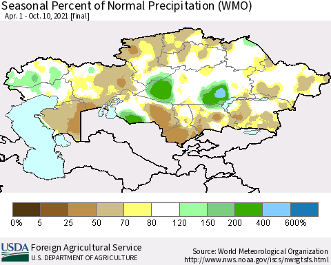 Kazakhstan Seasonal Percent of Normal Precipitation (WMO) Thematic Map For 4/1/2021 - 10/10/2021