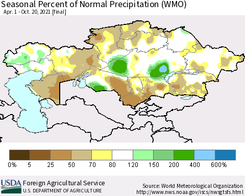 Kazakhstan Seasonal Percent of Normal Precipitation (WMO) Thematic Map For 4/1/2021 - 10/20/2021