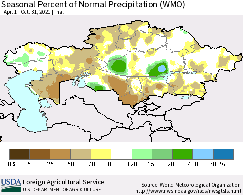 Kazakhstan Seasonal Percent of Normal Precipitation (WMO) Thematic Map For 4/1/2021 - 10/31/2021