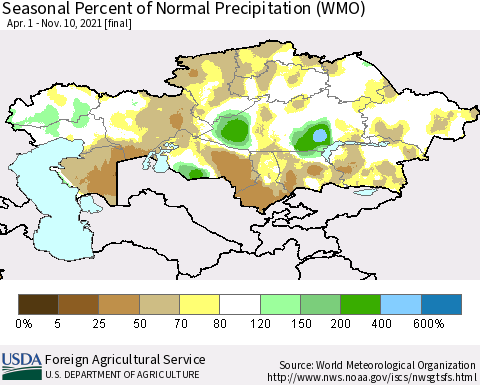 Kazakhstan Seasonal Percent of Normal Precipitation (WMO) Thematic Map For 4/1/2021 - 11/10/2021