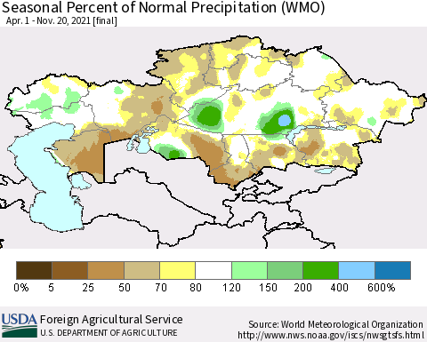 Kazakhstan Seasonal Percent of Normal Precipitation (WMO) Thematic Map For 4/1/2021 - 11/20/2021