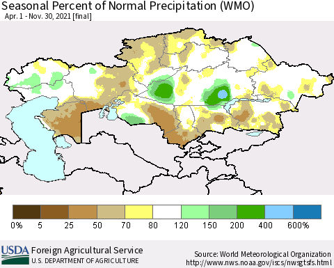 Kazakhstan Seasonal Percent of Normal Precipitation (WMO) Thematic Map For 4/1/2021 - 11/30/2021