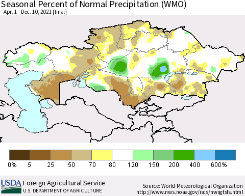 Kazakhstan Seasonal Percent of Normal Precipitation (WMO) Thematic Map For 4/1/2021 - 12/10/2021