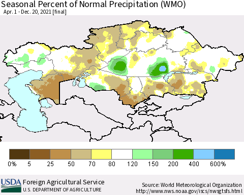 Kazakhstan Seasonal Percent of Normal Precipitation (WMO) Thematic Map For 4/1/2021 - 12/20/2021