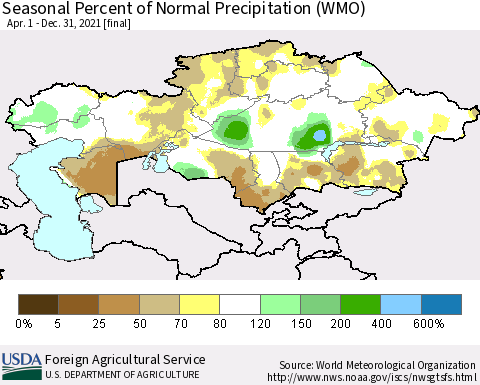 Kazakhstan Seasonal Percent of Normal Precipitation (WMO) Thematic Map For 4/1/2021 - 12/31/2021