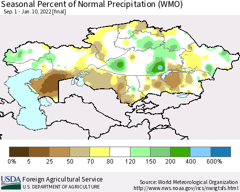 Kazakhstan Seasonal Percent of Normal Precipitation (WMO) Thematic Map For 9/1/2021 - 1/10/2022