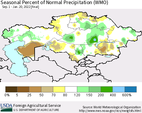 Kazakhstan Seasonal Percent of Normal Precipitation (WMO) Thematic Map For 9/1/2021 - 1/20/2022