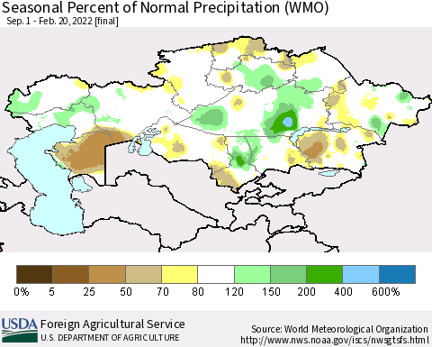 Kazakhstan Seasonal Percent of Normal Precipitation (WMO) Thematic Map For 9/1/2021 - 2/20/2022