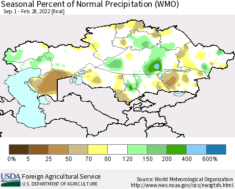 Kazakhstan Seasonal Percent of Normal Precipitation (WMO) Thematic Map For 9/1/2021 - 2/28/2022