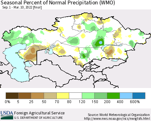 Kazakhstan Seasonal Percent of Normal Precipitation (WMO) Thematic Map For 9/1/2021 - 3/10/2022
