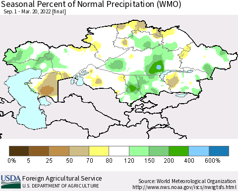 Kazakhstan Seasonal Percent of Normal Precipitation (WMO) Thematic Map For 9/1/2021 - 3/20/2022