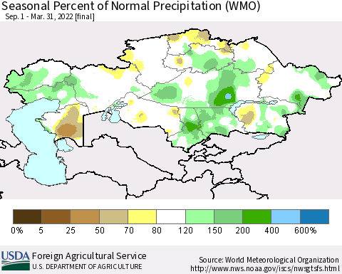 Kazakhstan Seasonal Percent of Normal Precipitation (WMO) Thematic Map For 9/1/2021 - 3/31/2022