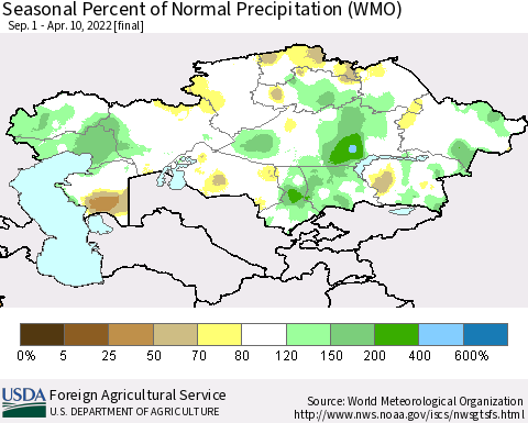 Kazakhstan Seasonal Percent of Normal Precipitation (WMO) Thematic Map For 9/1/2021 - 4/10/2022