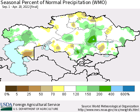 Kazakhstan Seasonal Percent of Normal Precipitation (WMO) Thematic Map For 9/1/2021 - 4/20/2022