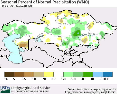 Kazakhstan Seasonal Percent of Normal Precipitation (WMO) Thematic Map For 9/1/2021 - 4/30/2022