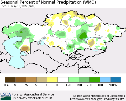 Kazakhstan Seasonal Percent of Normal Precipitation (WMO) Thematic Map For 9/1/2021 - 5/10/2022
