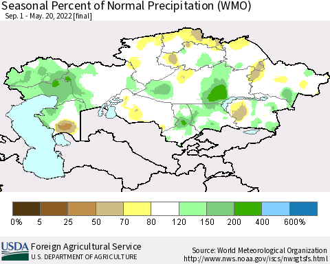 Kazakhstan Seasonal Percent of Normal Precipitation (WMO) Thematic Map For 9/1/2021 - 5/20/2022