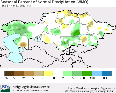Kazakhstan Seasonal Percent of Normal Precipitation (WMO) Thematic Map For 9/1/2021 - 5/31/2022