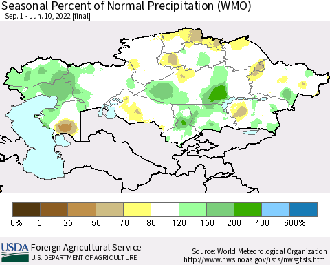 Kazakhstan Seasonal Percent of Normal Precipitation (WMO) Thematic Map For 9/1/2021 - 6/10/2022