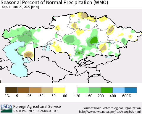 Kazakhstan Seasonal Percent of Normal Precipitation (WMO) Thematic Map For 9/1/2021 - 6/20/2022