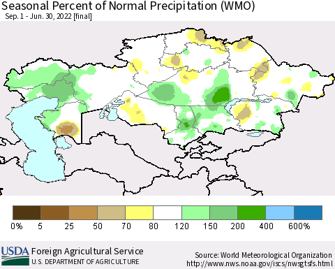 Kazakhstan Seasonal Percent of Normal Precipitation (WMO) Thematic Map For 9/1/2021 - 6/30/2022