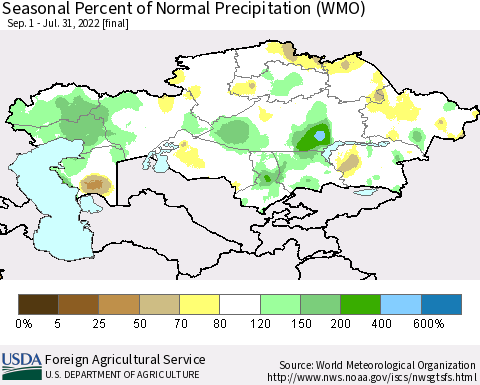 Kazakhstan Seasonal Percent of Normal Precipitation (WMO) Thematic Map For 9/1/2021 - 7/31/2022
