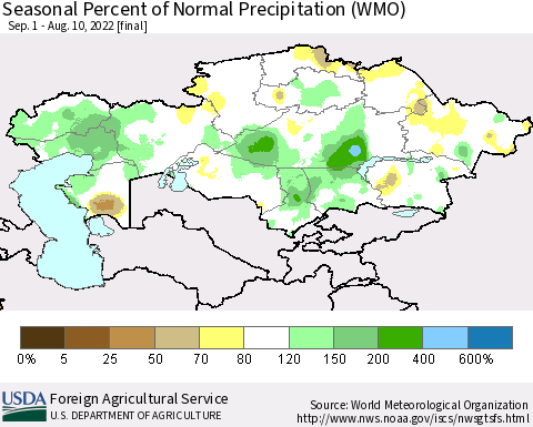 Kazakhstan Seasonal Percent of Normal Precipitation (WMO) Thematic Map For 9/1/2021 - 8/10/2022