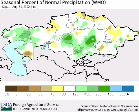 Kazakhstan Seasonal Percent of Normal Precipitation (WMO) Thematic Map For 9/1/2021 - 8/31/2022