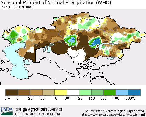 Kazakhstan Seasonal Percent of Normal Precipitation (WMO) Thematic Map For 9/1/2021 - 9/10/2021