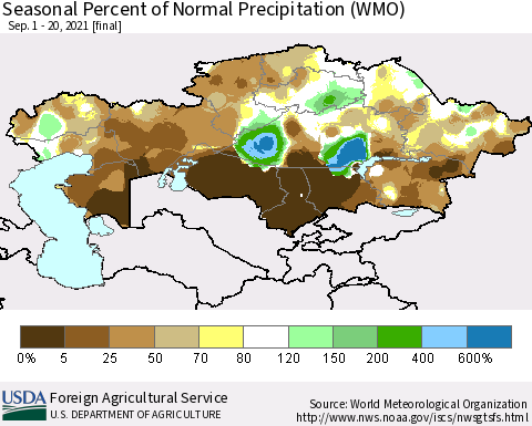 Kazakhstan Seasonal Percent of Normal Precipitation (WMO) Thematic Map For 9/1/2021 - 9/20/2021