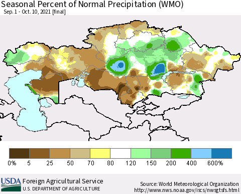 Kazakhstan Seasonal Percent of Normal Precipitation (WMO) Thematic Map For 9/1/2021 - 10/10/2021