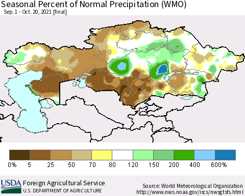 Kazakhstan Seasonal Percent of Normal Precipitation (WMO) Thematic Map For 9/1/2021 - 10/20/2021