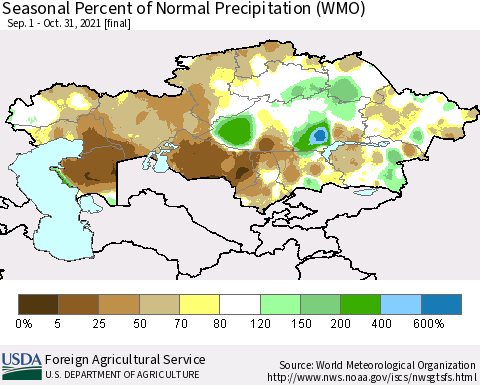 Kazakhstan Seasonal Percent of Normal Precipitation (WMO) Thematic Map For 9/1/2021 - 10/31/2021