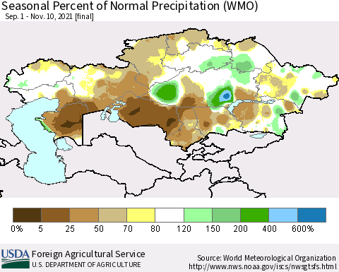 Kazakhstan Seasonal Percent of Normal Precipitation (WMO) Thematic Map For 9/1/2021 - 11/10/2021