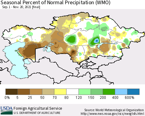 Kazakhstan Seasonal Percent of Normal Precipitation (WMO) Thematic Map For 9/1/2021 - 11/20/2021