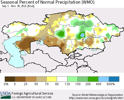 Kazakhstan Seasonal Percent of Normal Precipitation (WMO) Thematic Map For 9/1/2021 - 11/30/2021