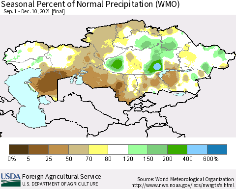 Kazakhstan Seasonal Percent of Normal Precipitation (WMO) Thematic Map For 9/1/2021 - 12/10/2021