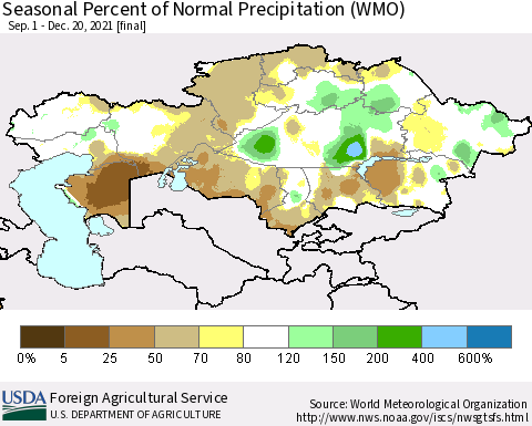Kazakhstan Seasonal Percent of Normal Precipitation (WMO) Thematic Map For 9/1/2021 - 12/20/2021