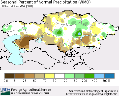 Kazakhstan Seasonal Percent of Normal Precipitation (WMO) Thematic Map For 9/1/2021 - 12/31/2021