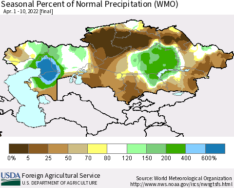 Kazakhstan Seasonal Percent of Normal Precipitation (WMO) Thematic Map For 4/1/2022 - 4/10/2022